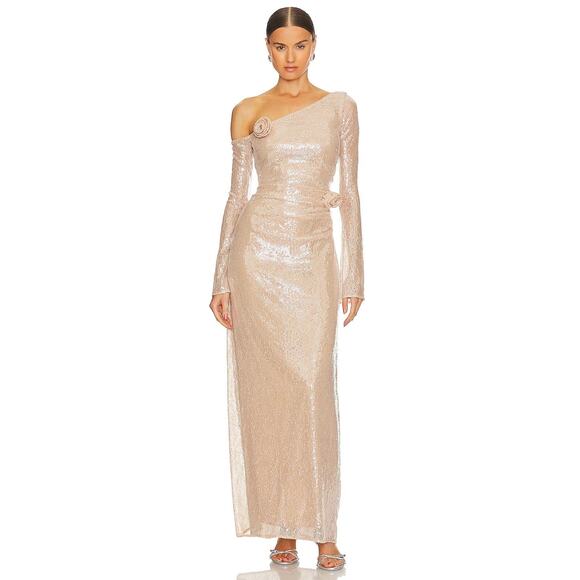 LPA Aniella Sequined Lace Gown Rosette One Shoulder Formal Party Champagne S - Picture 2 of 16